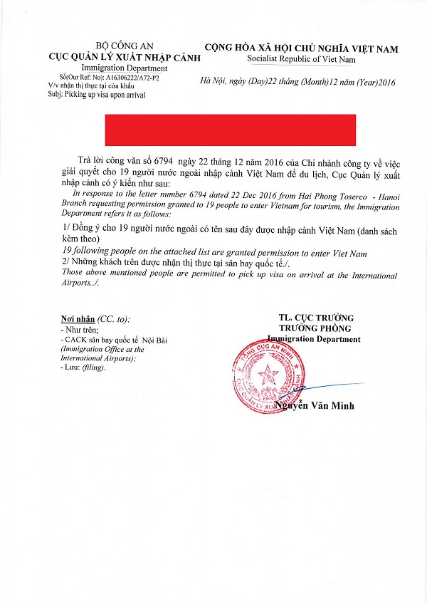 Công văn nhập cảnh vào Việt Nam